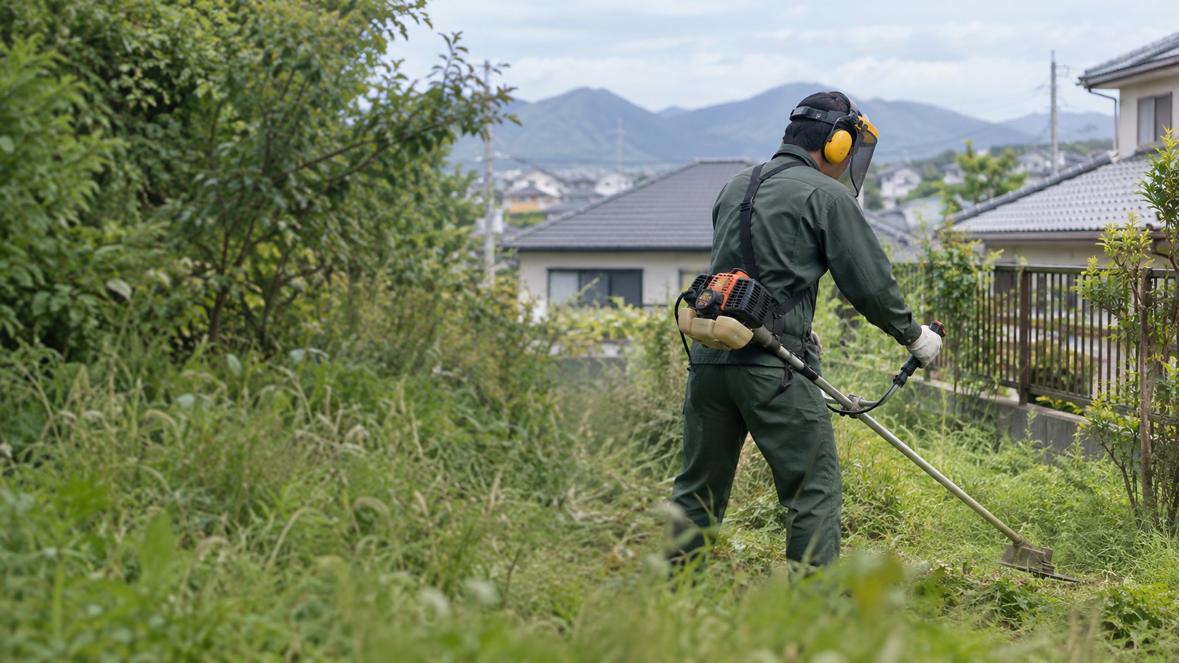 郡山市内の住宅街で草刈り作業を行う便利屋ストロングのスタッフ