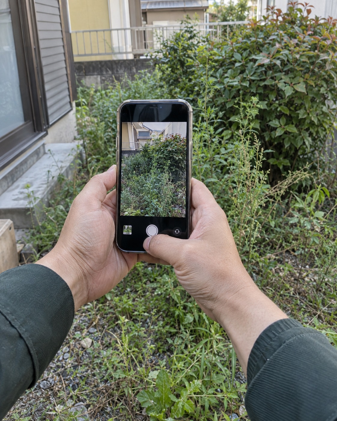 スマートフォンで気になる庭木を撮影する手元