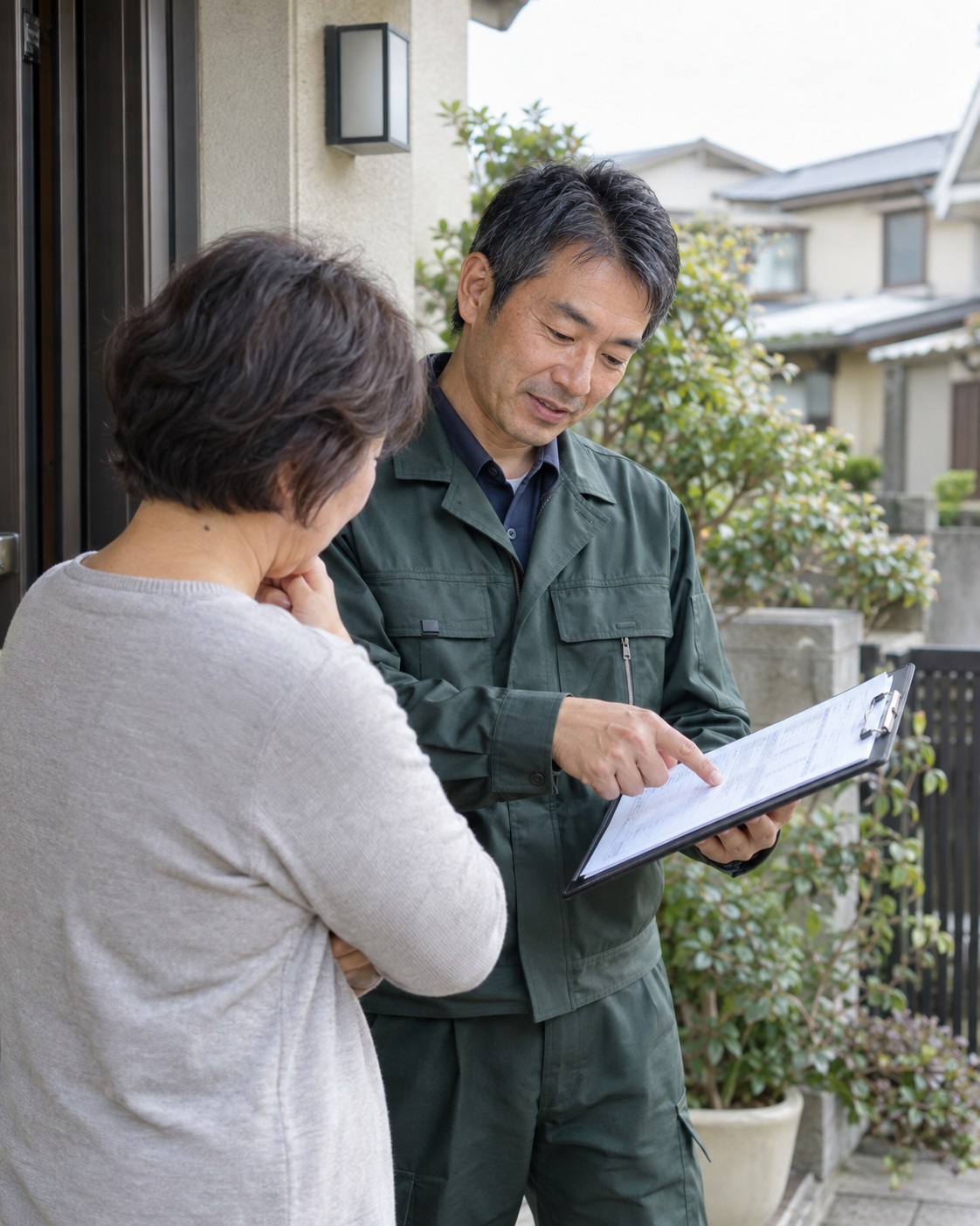 見積書を見せながらお客様に説明するスタッフ