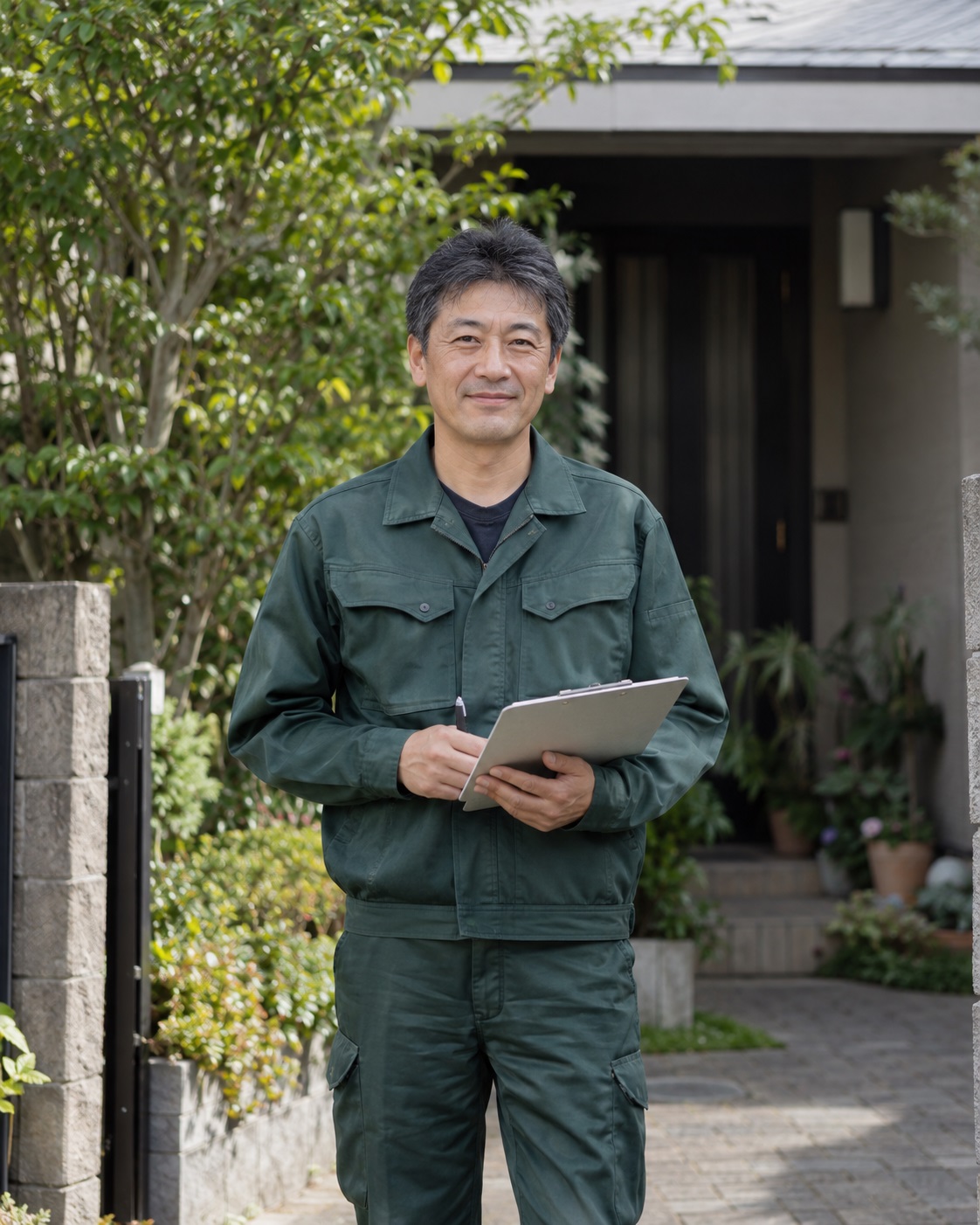 道具箱を手に、玄関先で笑顔を見せる便利屋ストロングのスタッフ