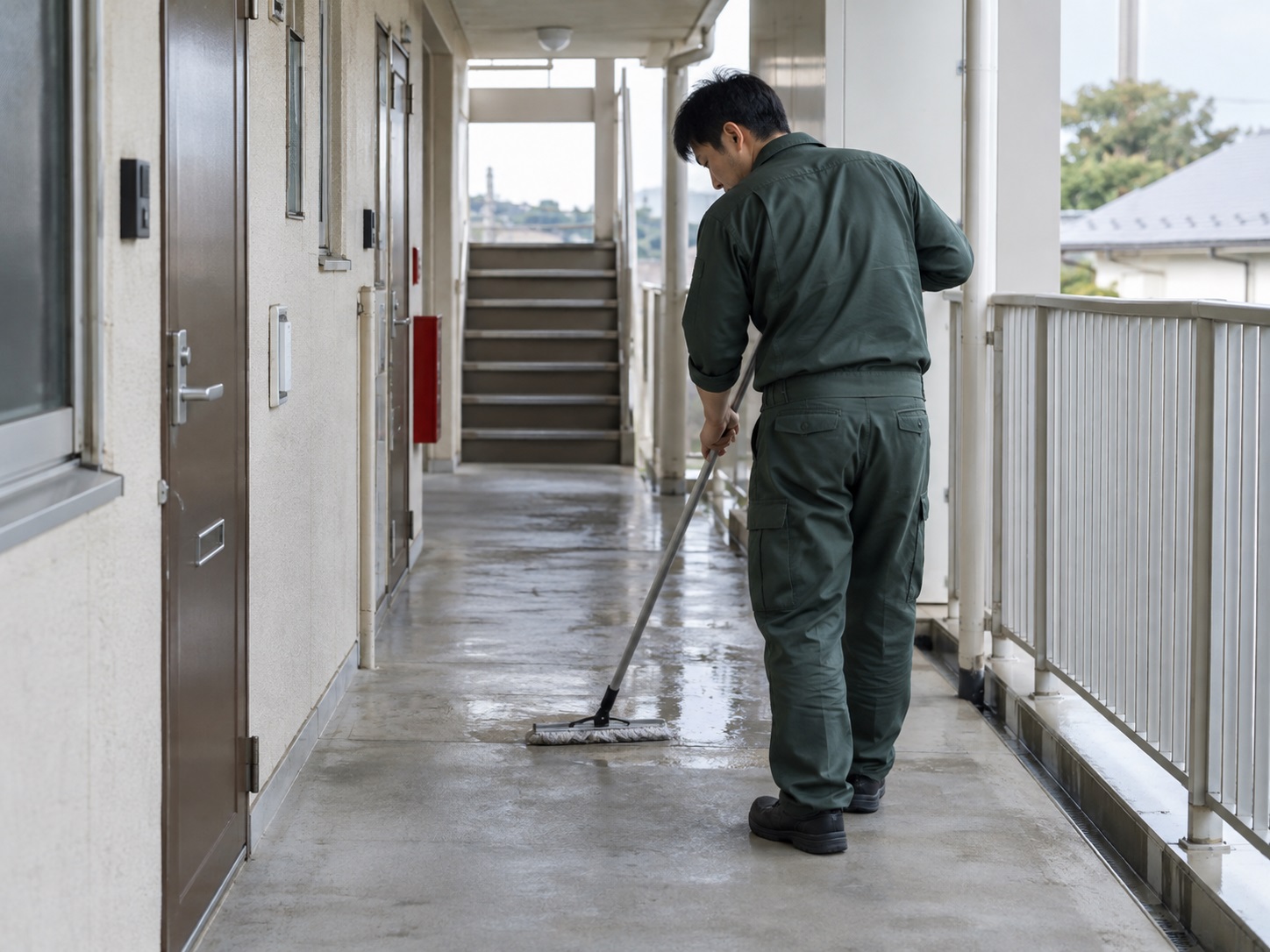 アパートの共用廊下を清掃するスタッフ