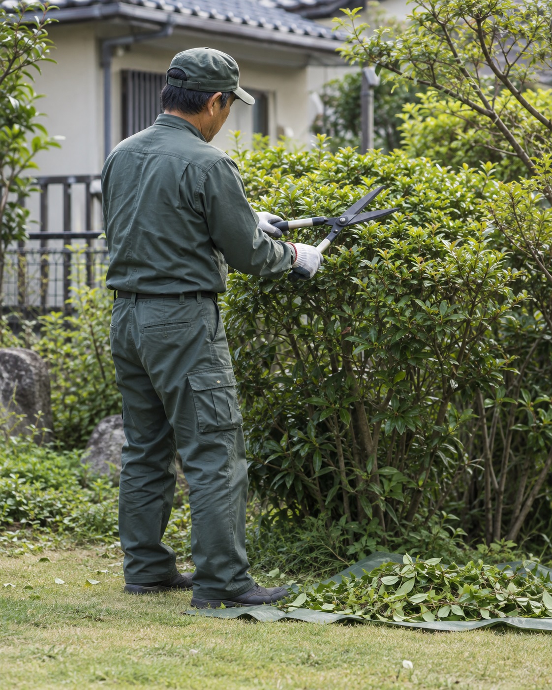 庭木の剪定作業を行う便利屋ストロングのスタッフ